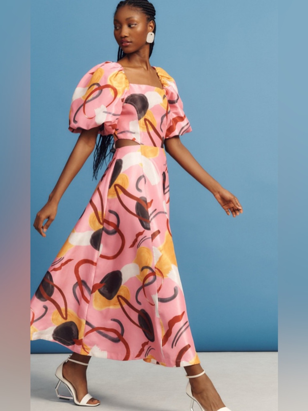 Auretta Anthropologie Pink Linen Print Puff Sleeve Dress L